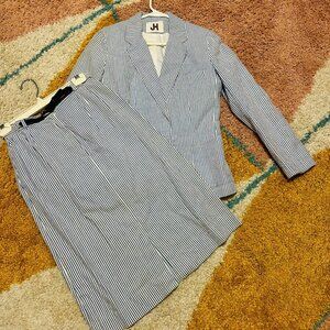 Vintage classic 2pc JH Collectibles Seersucker blue stripe SUIT jacket skirt 6 7